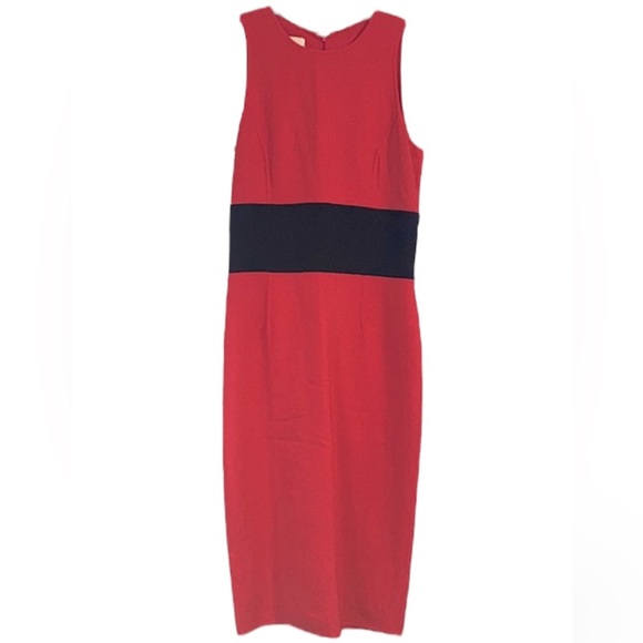 Michael Kors Red Virgin Wool Pencil Dress Black Waist Band Detail Back Slit - Picture 1 of 8